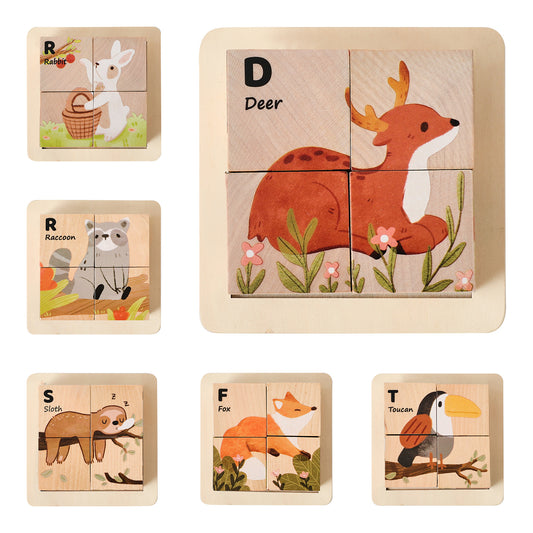 Wooden Animal Puzzle Blocks for Kids – 6-in-1 Cube Puzzle Toy | Ocean & Forest Animal Educational Toy for Toddlers Ages 3+