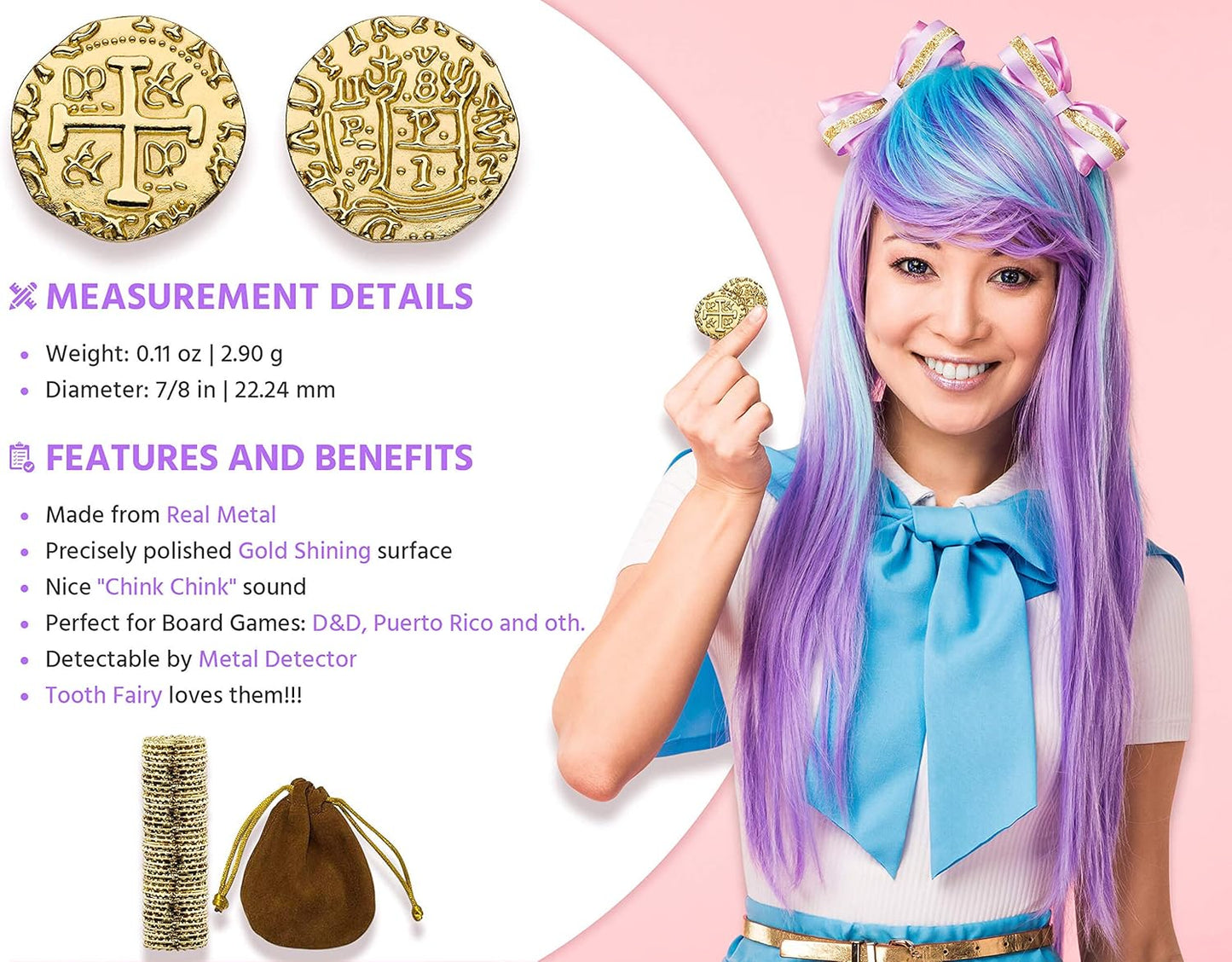 Real Metal Gold Coins ā Shiny Treasure Coins for Board Games, Pirate Role Play & Tooth Fairy