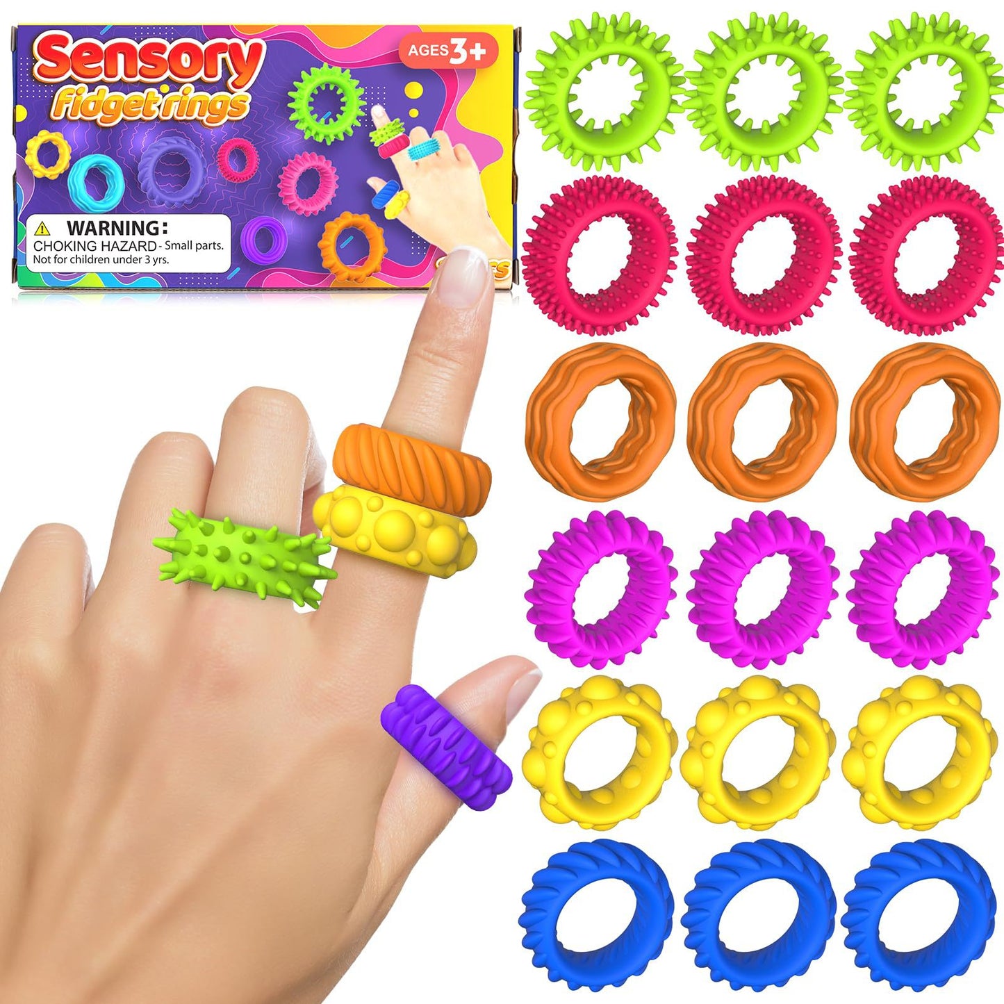 Sensory Fidget Rings | Soft Silicone Tactile Finger Toys for Kids | Anxiety Relief Toy for Autism, ADHD, Stress & Focus