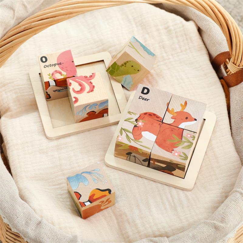 Wooden Animal Puzzle Blocks for Kids – 6-in-1 Cube Puzzle Toy | Ocean & Forest Animal Educational Toy for Toddlers Ages 3+