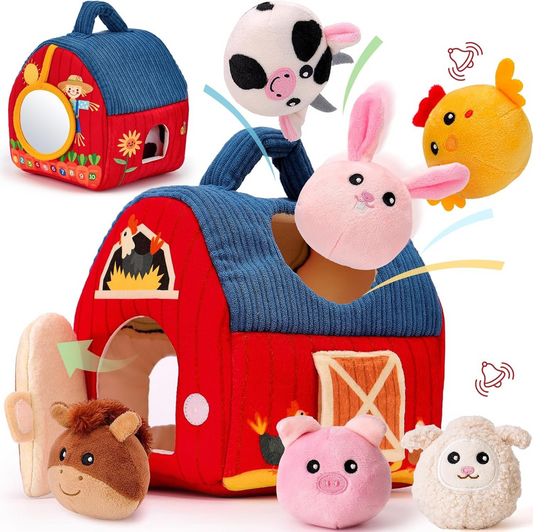 Soft Farm Animal Plush Toy Set – Baby Learning Barn House with 6 Stuffed Animals – Montessori Sensory Toy for Toddlers