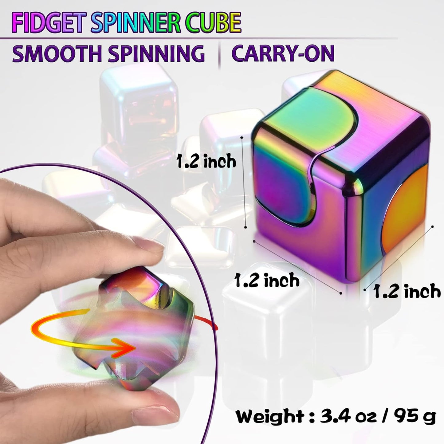 Metal Fidget Spinner Cube – Rainbow Color Stress Relief Desk Toy | Smooth Rotation, Pocket-Sized Alloy Anxiety Toy for Adults & Teens