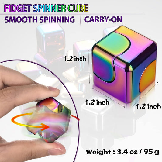 Metal Fidget Spinner Cube – Rainbow Color Stress Relief Desk Toy | Smooth Rotation, Pocket-Sized Alloy Anxiety Toy for Adults & Teens