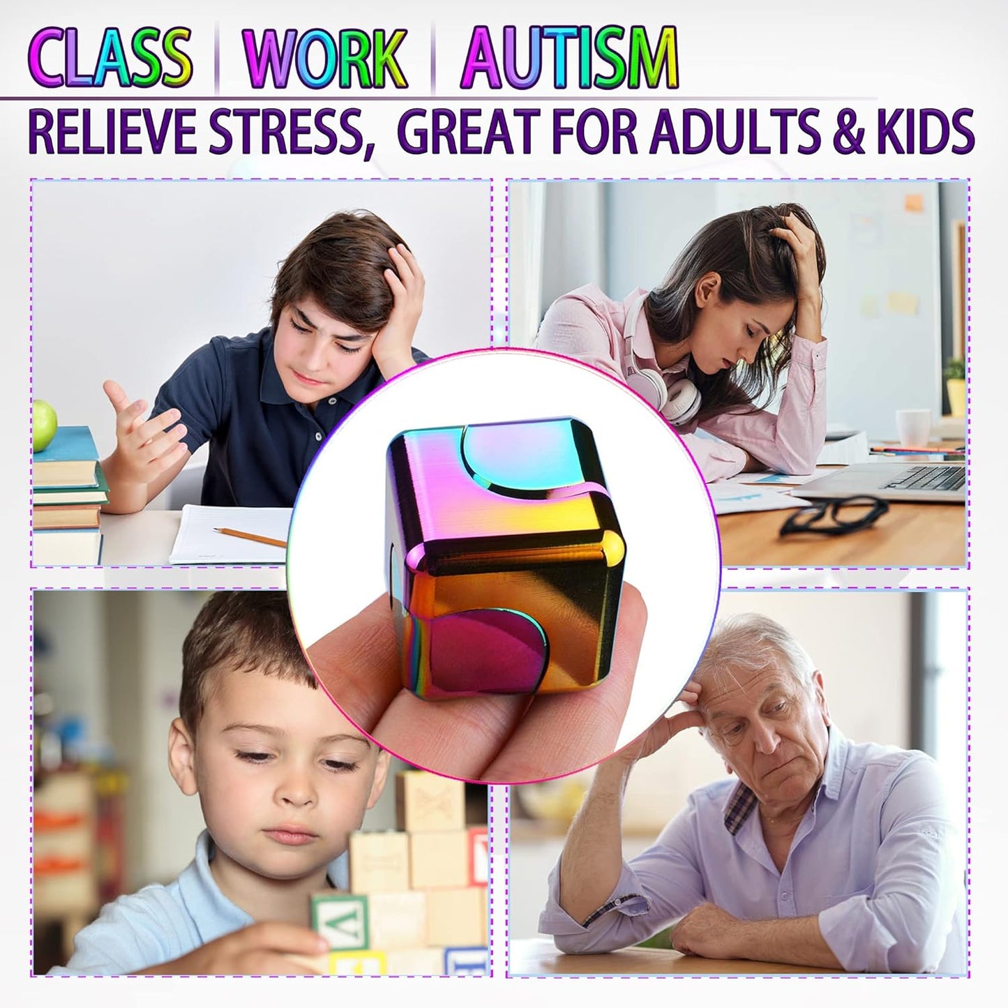 Metal Fidget Spinner Cube – Rainbow Color Stress Relief Desk Toy | Smooth Rotation, Pocket-Sized Alloy Anxiety Toy for Adults & Teens
