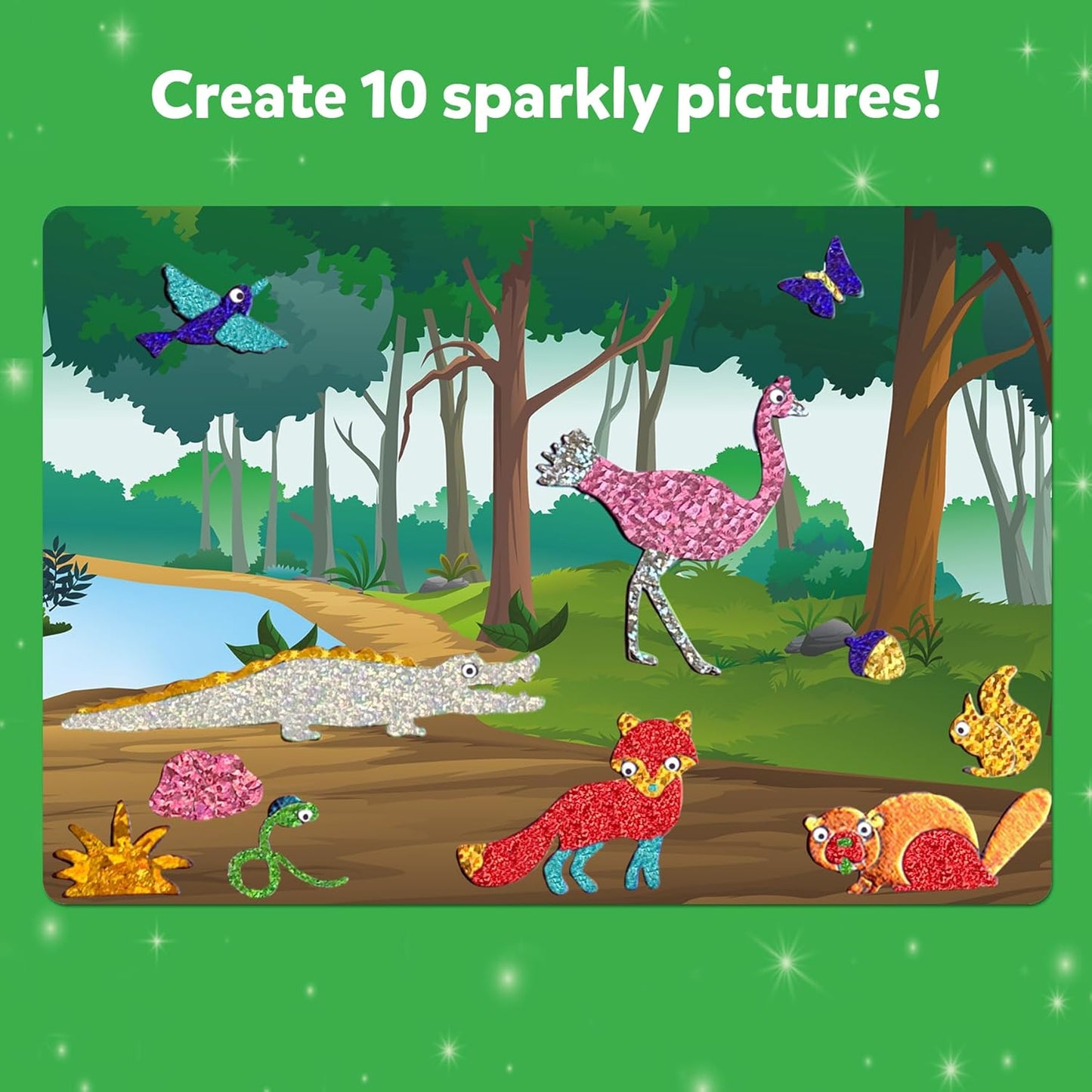 Sparkly Forest Animal Sticker Art Kit – Create 10 Glittery Animal Pictures for Kids Ages 4+