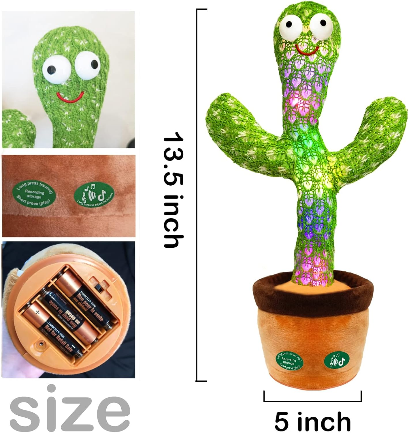 Dancing Cactus Toy with Light & Music – Talking, Singing, and Recording Plush Toy – 13.5” LED Cactus for Kids & Babies