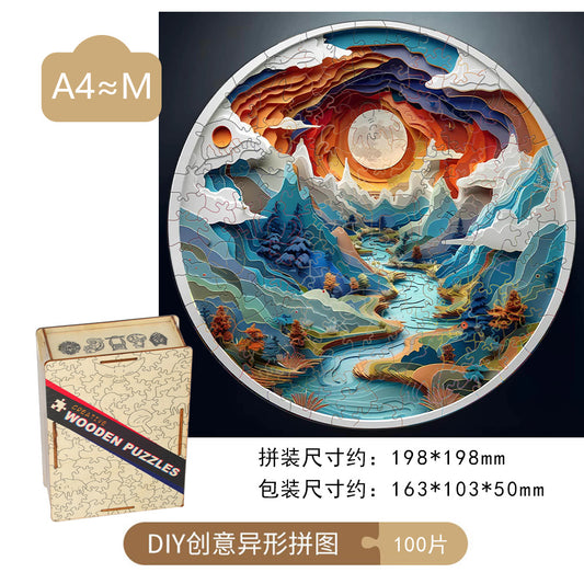 Round Artistic Wooden Puzzle – Abstract Mountain Landscape Design | 100 Pieces | Challenging Stress Relief Puzzle for Adults | Decorative Gift