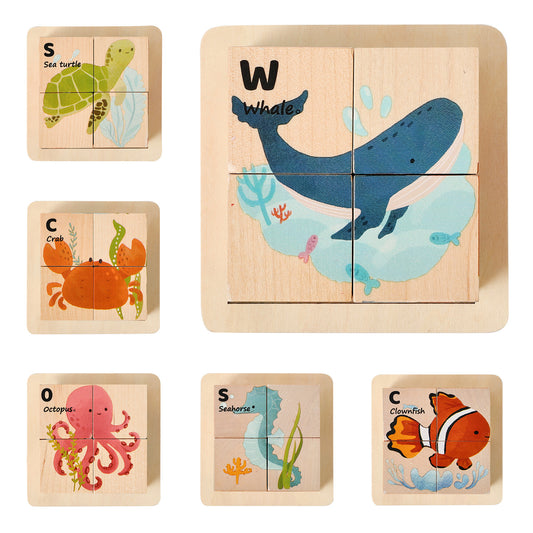 Wooden Animal Puzzle Blocks for Kids – 6-in-1 Cube Puzzle Toy | Ocean & Forest Animal Educational Toy for Toddlers Ages 3+