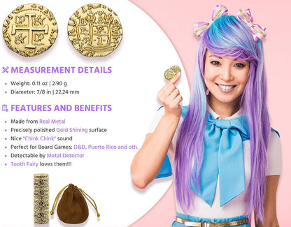 Real Metal Gold Coins – Shiny Treasure Coins for Board Games, Pirate Role Play & Tooth Fairy