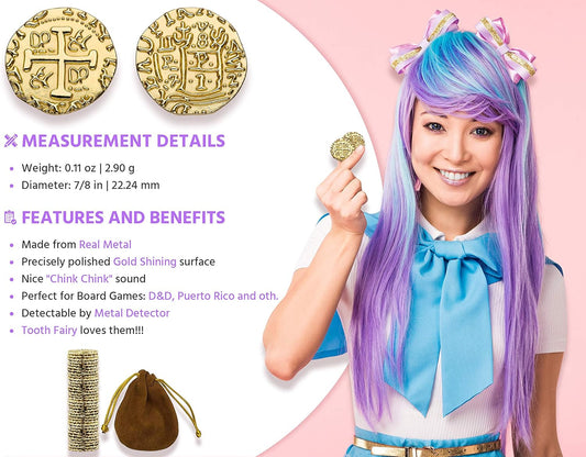 Real Metal Gold Coins – Shiny Treasure Coins for Board Games, Pirate Role Play & Tooth Fairy