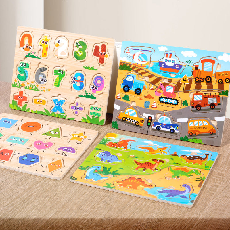 Multifunctional Kids Puzzle, Wooden Puzzle Board with Animal, Vehicle, Shape, and Fruit Themes, Ideal for Children 3+ Years