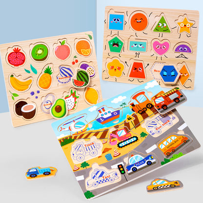 Multifunctional Kids Puzzle, Wooden Puzzle Board with Animal, Vehicle, Shape, and Fruit Themes, Ideal for Children 3+ Years