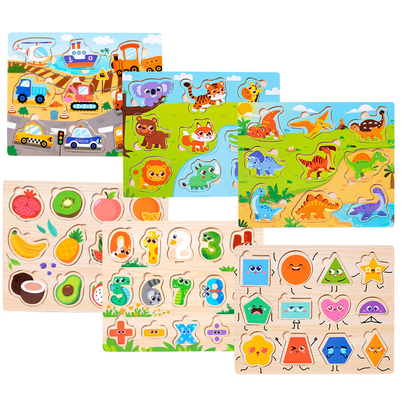 Multifunctional Kids Puzzle, Wooden Puzzle Board with Animal, Vehicle, Shape, and Fruit Themes, Ideal for Children 3+ Years