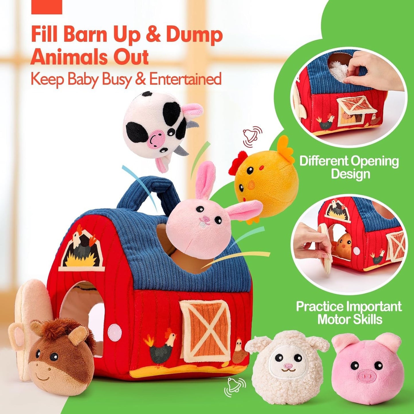 Soft Farm Animal Plush Toy Set – Baby Learning Barn House with 6 Stuffed Animals – Montessori Sensory Toy for Toddlers