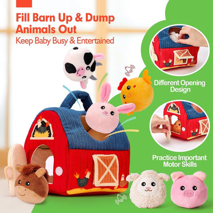 Soft Farm Animal Plush Toy Set – Baby Learning Barn House with 6 Stuffed Animals – Montessori Sensory Toy for Toddlers