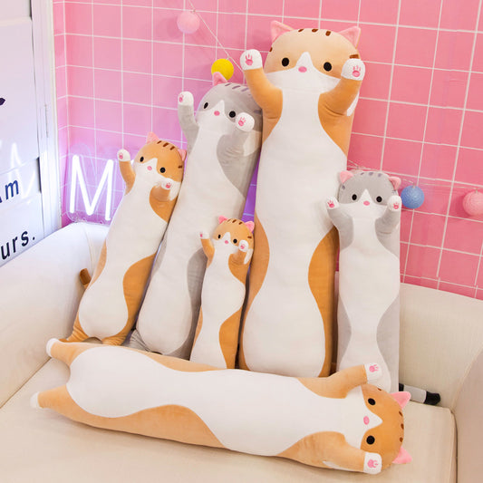 Kawaii Long Cat Plush Pillow – Soft Hugging Body Pillow for Kids & Adults – Cute Stretching Kitty Doll Cushion