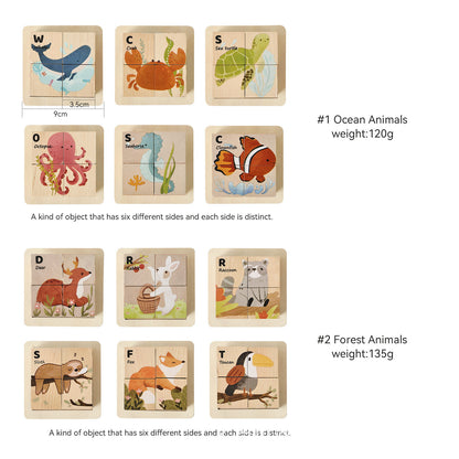 Wooden Animal Puzzle Blocks for Kids – 6-in-1 Cube Puzzle Toy | Ocean & Forest Animal Educational Toy for Toddlers Ages 3+