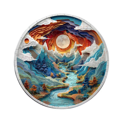 Round Artistic Wooden Puzzle – Abstract Mountain Landscape Design | 100 Pieces | Challenging Stress Relief Puzzle for Adults | Decorative Gift