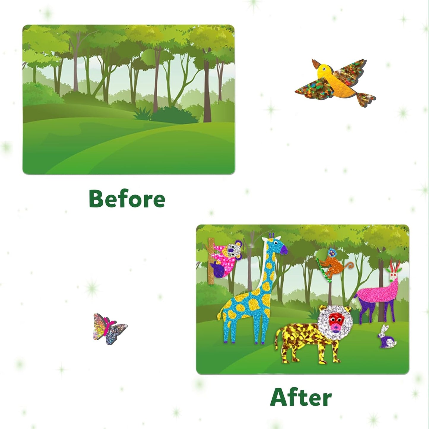 Sparkly Forest Animal Sticker Art Kit – Create 10 Glittery Animal Pictures for Kids Ages 4+