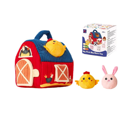 Soft Farm Animal Plush Toy Set – Baby Learning Barn House with 6 Stuffed Animals – Montessori Sensory Toy for Toddlers