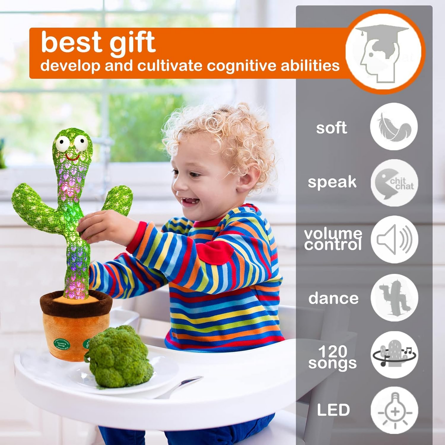 Dancing Cactus Toy with Light & Music – Talking, Singing, and Recording Plush Toy – 13.5” LED Cactus for Kids & Babies