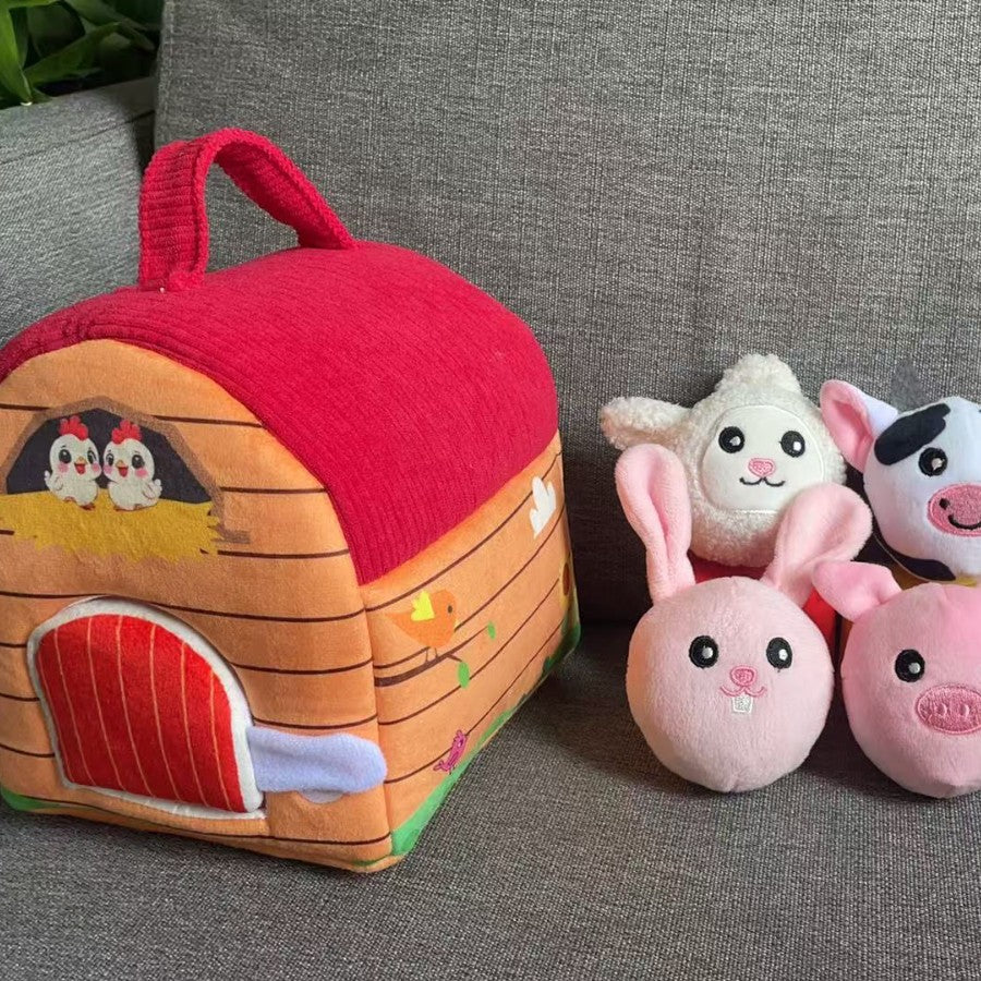 Soft Farm Animal Plush Toy Set – Baby Learning Barn House with 6 Stuffed Animals – Montessori Sensory Toy for Toddlers