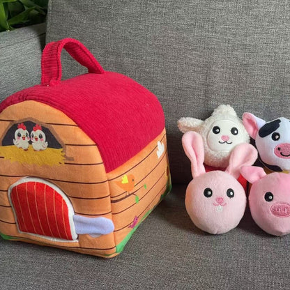 Soft Farm Animal Plush Toy Set – Baby Learning Barn House with 6 Stuffed Animals – Montessori Sensory Toy for Toddlers