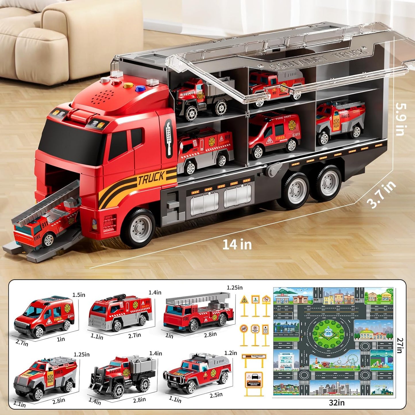 Kids Large Transport Truck Toy Set – Construction / Fire / Racing Cars with Play Mat
