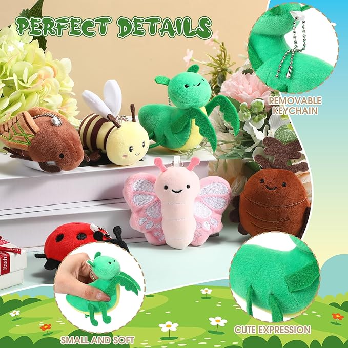 Cute Insect Plush Toys 4 Inch Small Ladybug Bee Moth Butterfly Mantis Beetle Stuffed Keychains Soft Cuddly Insect Plushies for Birthday Party Supplies Classroom Prizes Animal Collections