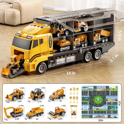 Kids Large Transport Truck Toy Set – Construction / Fire / Racing Cars with Play Mat