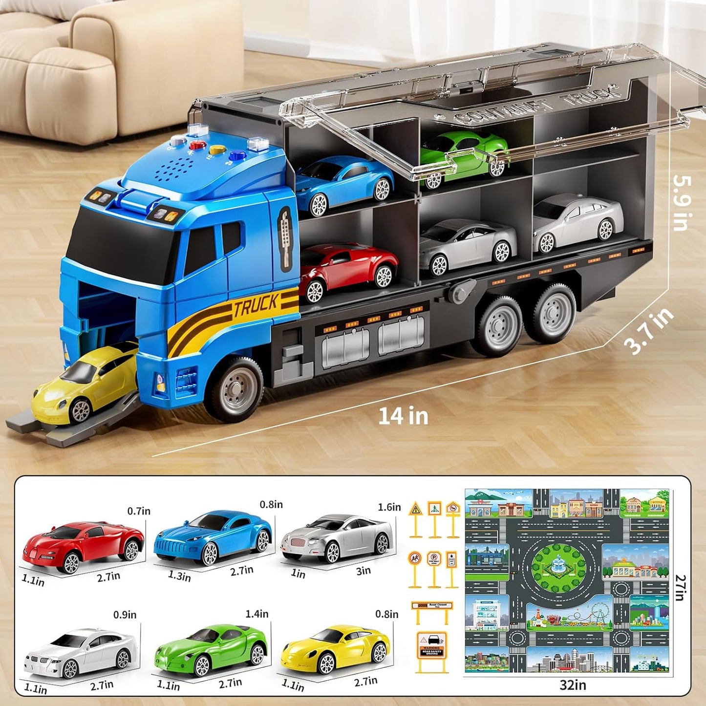 Kids Large Transport Truck Toy Set – Construction / Fire / Racing Cars with Play Mat