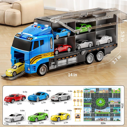 Kids Large Transport Truck Toy Set – Construction / Fire / Racing Cars with Play Mat
