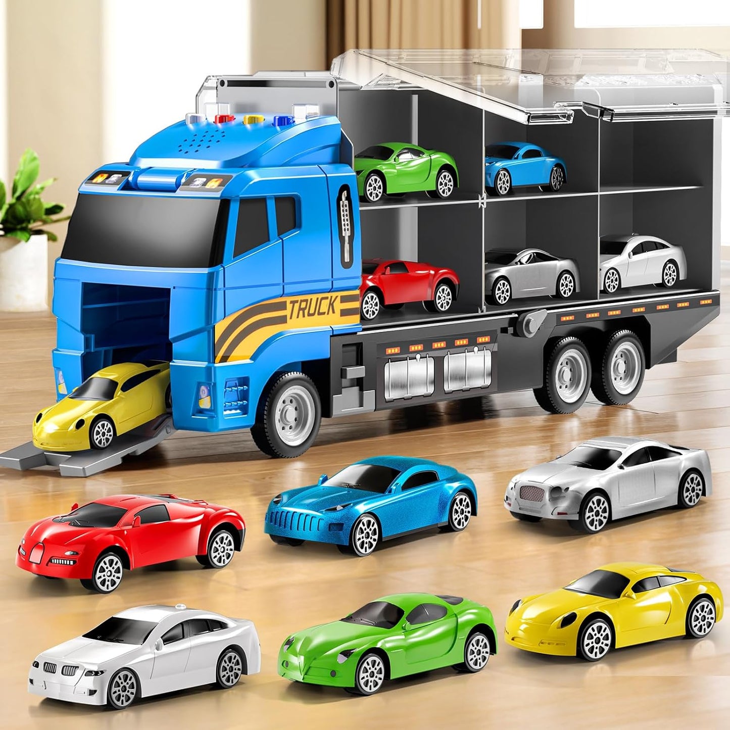 Kids Large Transport Truck Toy Set – Construction / Fire / Racing Cars with Play Mat