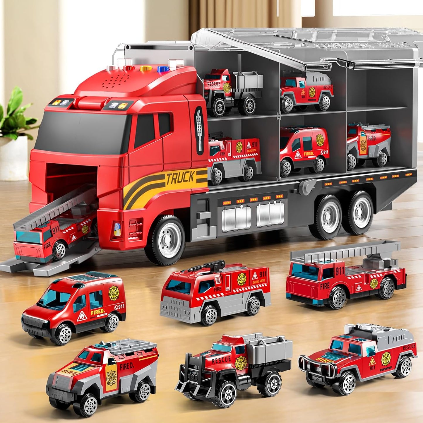 Kids Large Transport Truck Toy Set – Construction / Fire / Racing Cars with Play Mat