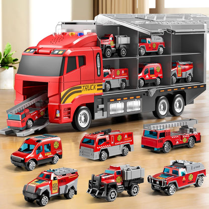 Kids Large Transport Truck Toy Set – Construction / Fire / Racing Cars with Play Mat