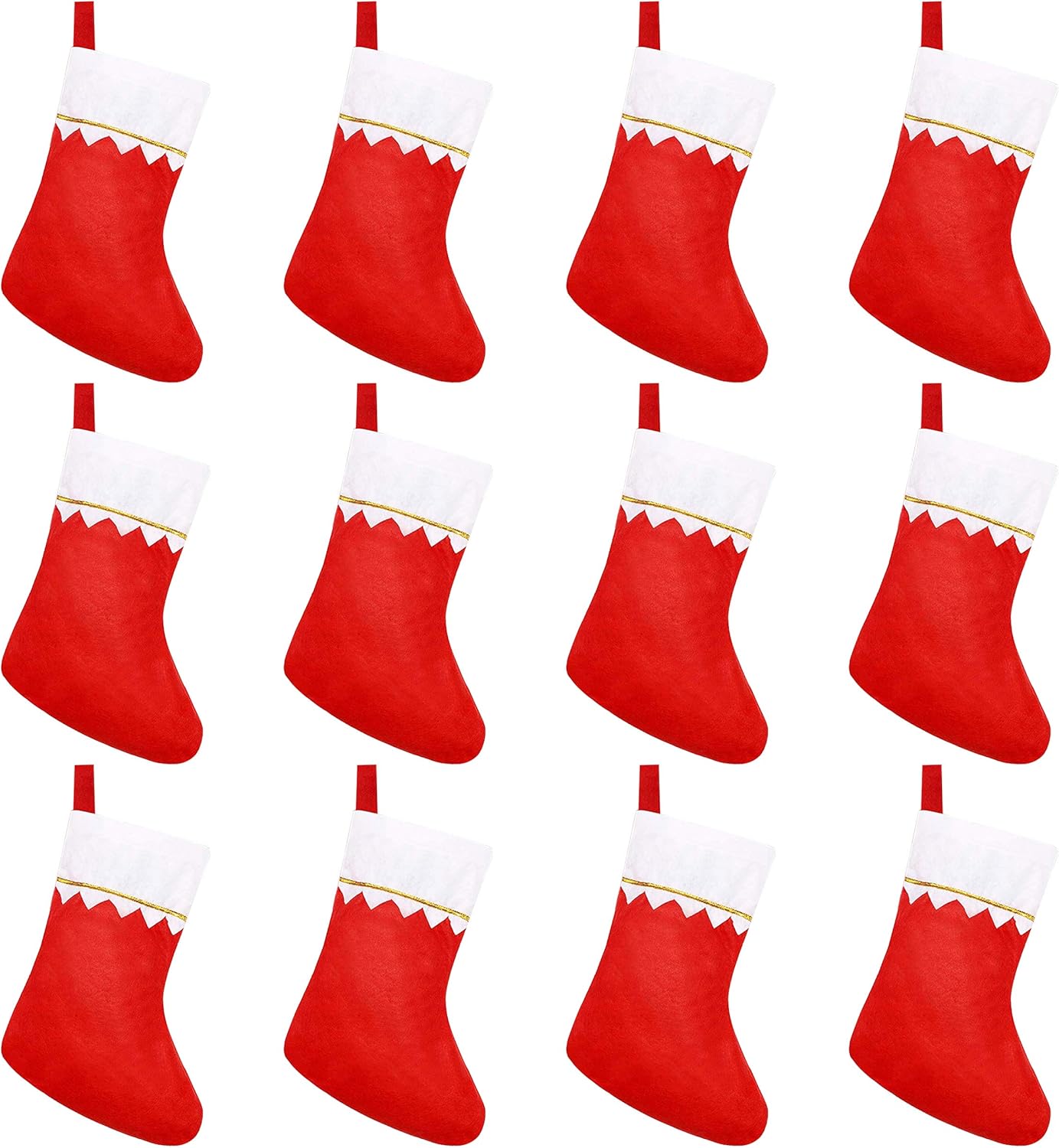 🎄 12 Pack Christmas Stockings – Red & White with Gold Trim | Perfect for Hanging & Stuffing Holiday Gifts 🎁
