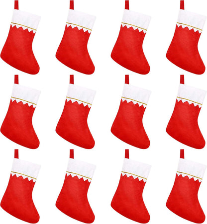 🎄 12 Pack Christmas Stockings – Red & White with Gold Trim | Perfect for Hanging & Stuffing Holiday Gifts 🎁