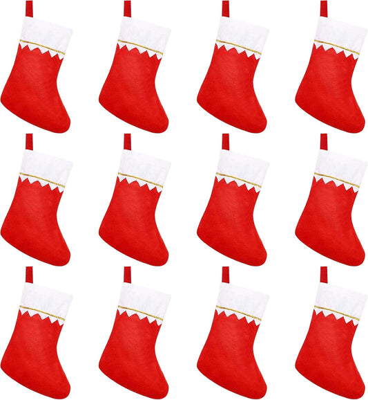 🎄 12 Pack Christmas Stockings – Red & White with Gold Trim | Perfect for Hanging & Stuffing Holiday Gifts 🎁